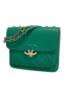 Chanel Shoulder Bag Quilted Caviar Leather Green Silver